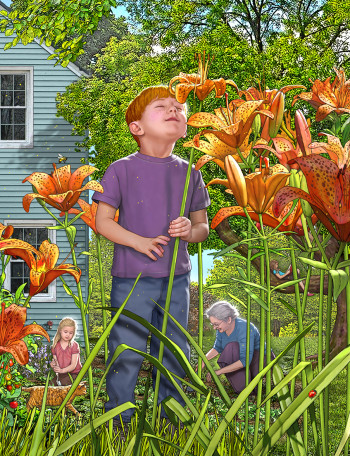 Boy Smells Tiger Lilies