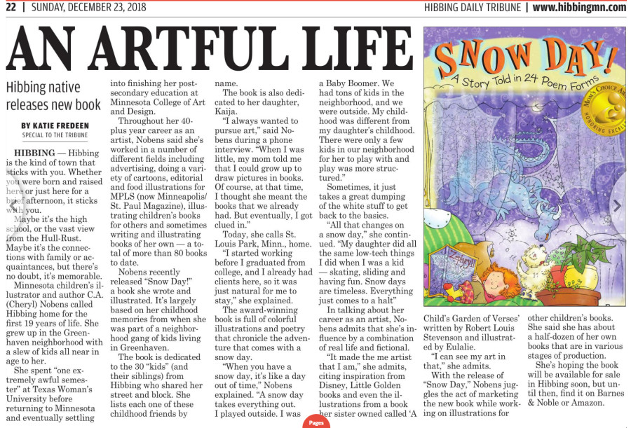 My Book, "Snow Day! A Story Told in 24 Poem Forms" is featured in "Tailings", the Sunday supplement of the Hibbing Daily Tribune
